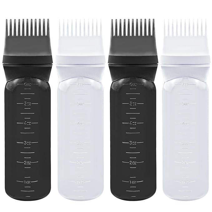ELANE 4 Pcs Root Comb Applicator Bottle, 6oz, Hair Oil Applicator Bottle for Hair, Salon, Home, Travel (Black+White)