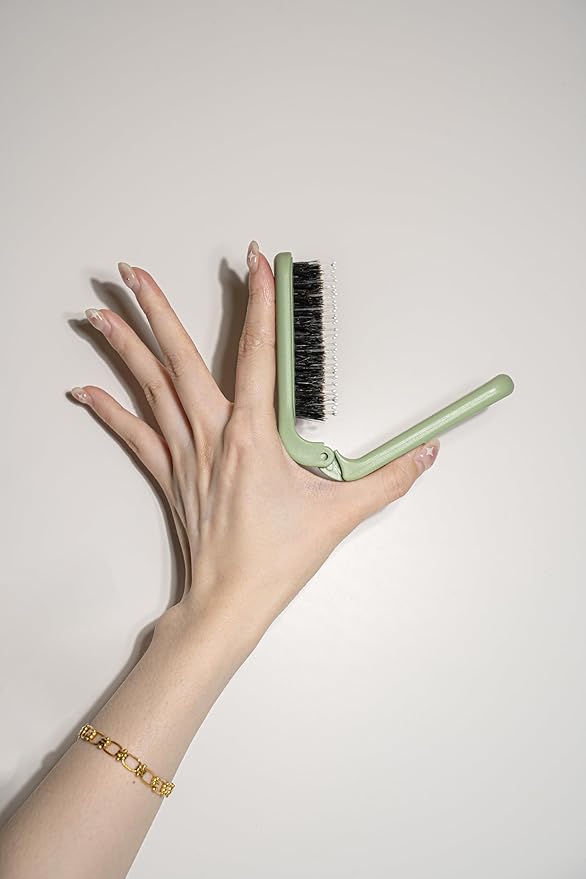 Uffy MiniPop Travel Hair Brush – Mini Folding Boar Bristles for Women, Men & Kids | Kid-Friendly Portable Purse Brush for Wet & Dry Hair, Curly or Straight | Pocket-Size Detangler – Mint Green