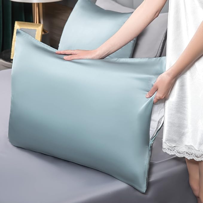 Mulberry Silk Pillowcase for Hair and Skin - Cooling Silk Pillow Case with Hidden Zipper, Allergen Proof Dual Sides Soft Breathable Smooth Silk Pillow Cover for Women (Aqua Blue)
