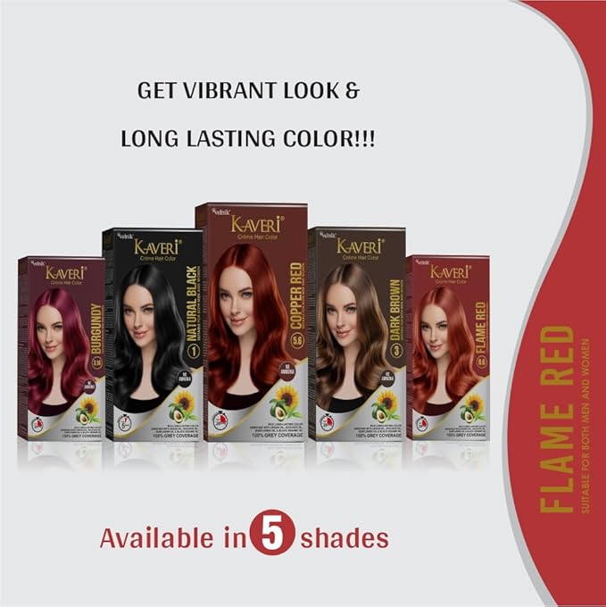 Kaveri Creme Hair Color Permanent Hair Dye Color - With Improved Creme Formula for Gray Coverage Ammonia Free Hair Color Dye for Rich Bright Long lasting (Flame Red, 3.04 Fl Oz) - Pack Of 3