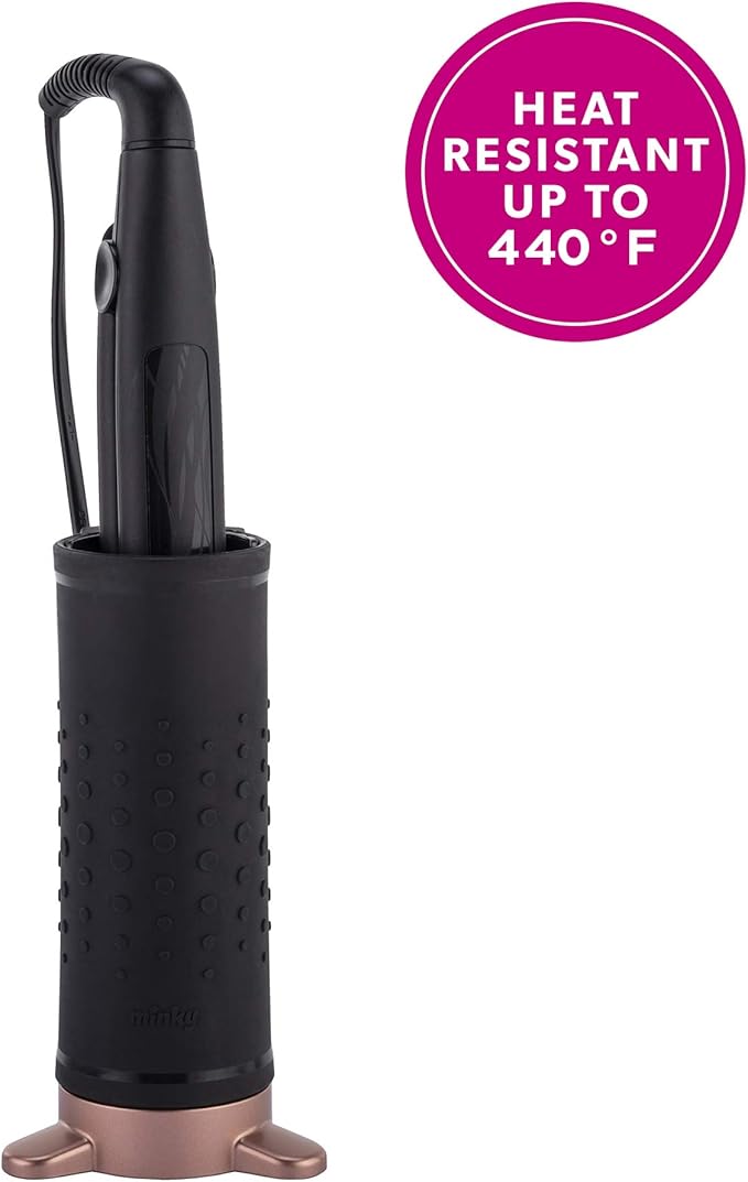Minky Homecare 2 in 1 Styling Pod - Heat Resistant Soft Silicone Flat Iron and Curling Iron Holder and Styling Mat - Space Saving Bathroom Countertop Organizer - Black & Rose Gold