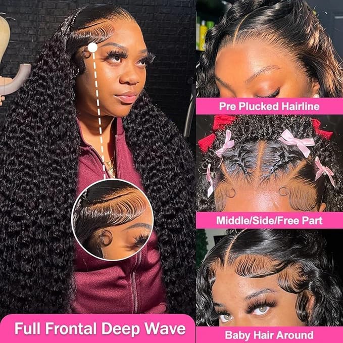 13x6 Lace Front Wigs Human Hair 200% Density HD Deep Wave Lace Front Wigs Human Hair Pre Plucked Natural Color Glueless Wig 100% Virgin Lace Front Wigs for Women（34inch）