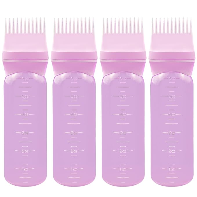 ELANE 4 Pcs Root Comb Applicator Bottle 6oz,Hair Oil Applicator Bottle for Hair,Oil Comb Applicator Hair Bottle Applicator for Hair Dye Shampoos Hair Salons Camping Traveling(Pink)
