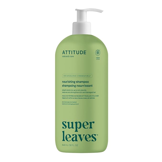 ATTITUDE Nourishing Hair Shampoo, EWG Verified, For Dry and Damaged Hair, Naturally Derived Ingredients, Vegan and Plant Based, Grapeseed Oil and Olive Leaves, 32 Fl Oz