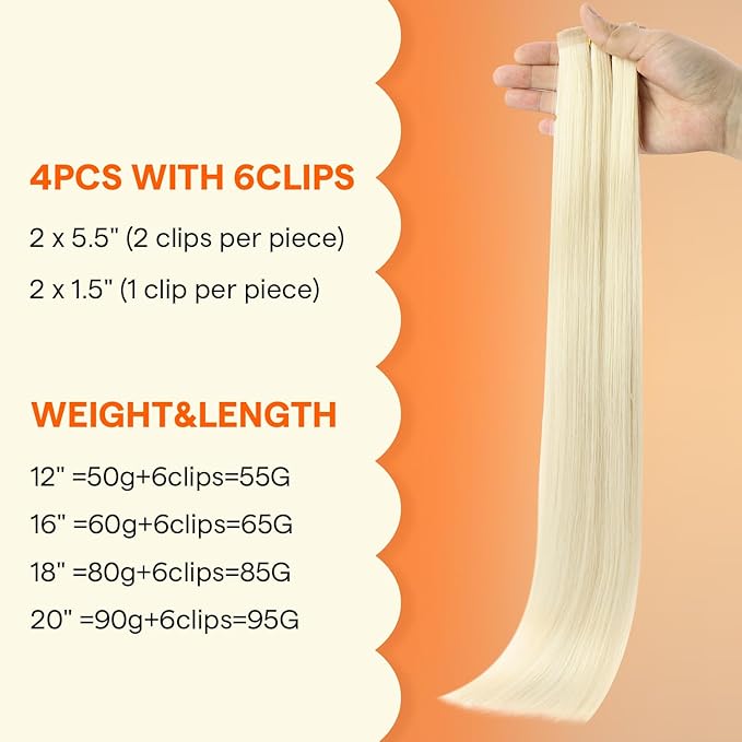 Full Shine Light Blonde Clip in Hair Extensions, Color 1000 Blonde Seamless Clip Ins with PU Weft, Remy Human Hair Extensions for Women, Silky Straight Fill Ins, 4Pcs 16 Inch Thick Ends 65g