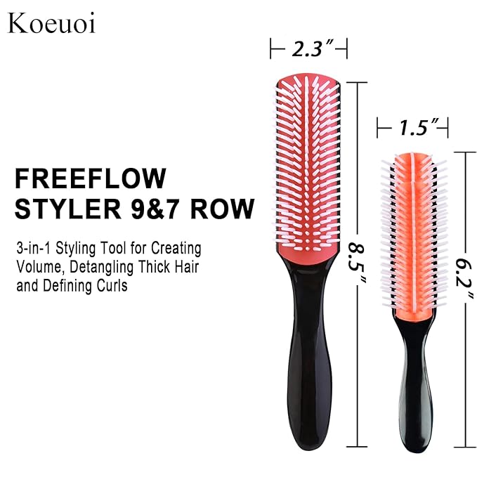 Classic Styling Hair Brush for Wet or Dry Curly Hair. 9 Row Black Brush for Detangling, Separating, Shaping