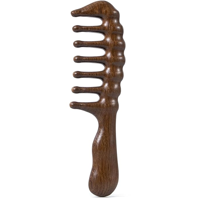 Wooden Wide Tooth Massage Comb, Large Thicken Natural Sandalwood Hair Combs for Curls, Women and Men, Detangles Long Thick Wet or Dry Hair, Head Scalp Massager, Anti-static (Golden)