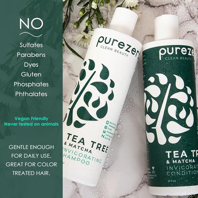 Purezero Tea Tree & Matcha Shampoo and Conditioner Set - Nourishing & Invigorating Scalp Treatment - Zero Sulfates, Parabens, Dyes Vegan and Cruely Free (12 Fl Oz (Pack of 2))