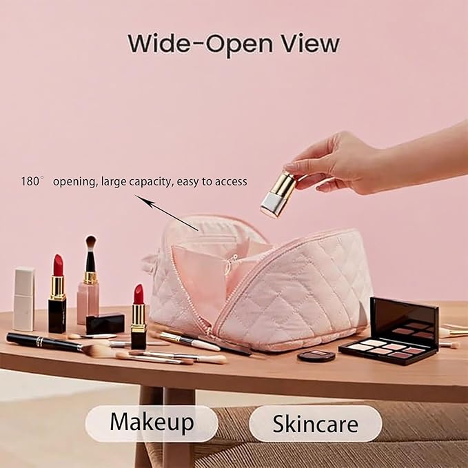 Petition Makeup Bag for Woman, Festivalment Makeup Bag, Wide Open Lay-Flat Water-Resistant Cosmetic Case, Puffy Padded Organizer for Toiletries & Brushes Large Capacity with Compartments