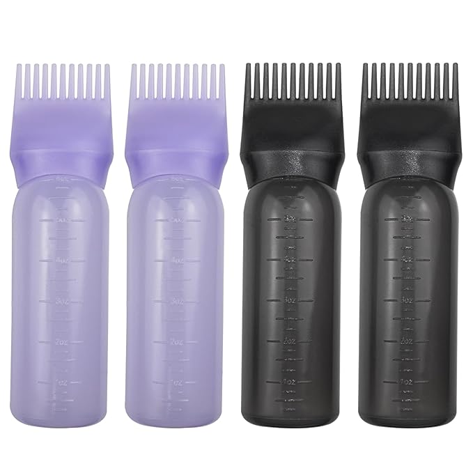 ELANE 4 Pack Root Comb Applicator Bottle, Oil Comb Applicator for Hair Dye & Shampoos, Hair Salons (2 Black + 2 Purple)