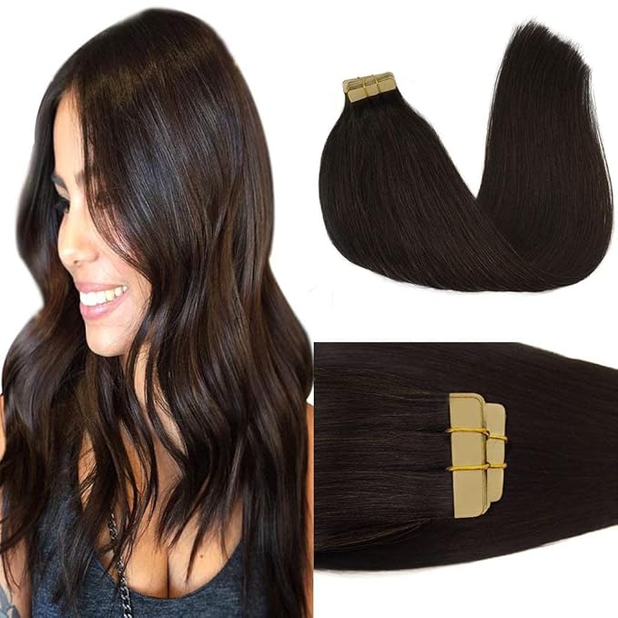 GOO GOO Tape in Hair Extensions Human Hair, 2 Dark Brown, 10inch 30g 20pcs, Skin Weft Seamless Invisible, Silky Straight with Thick Ends, Remy Human Hair