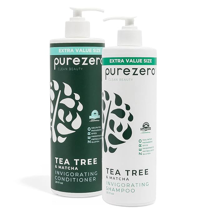 Purezero 20 oz Tea Tree & Matcha Shampoo and Conditioner Set - Nourishing & Invigorating Scalp Treatment - Zero Sulfates, Parabens, Dyes Vegan and Cruelty Free