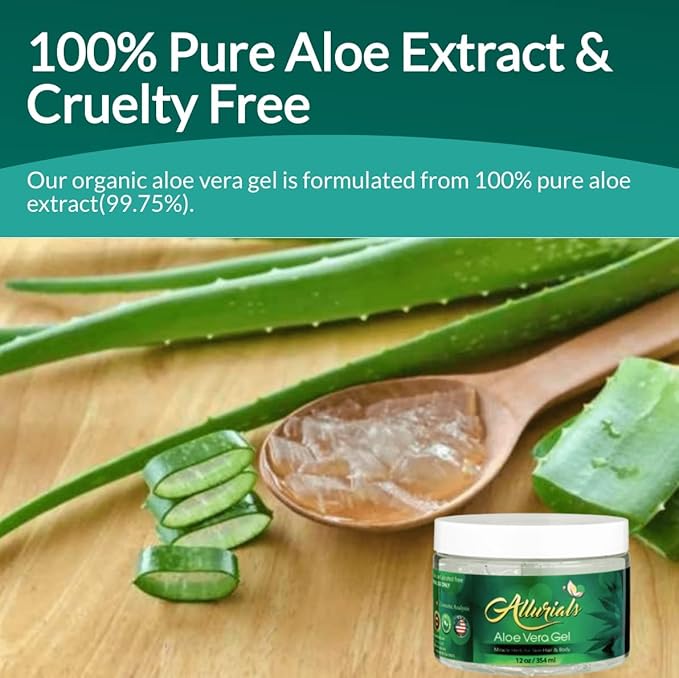 Allurials 99.75% Pure & Organic Aloe Vera Gel - Made in USA, Clinically tested & Dermatologist approved, Hydrates & Heals Dry & Damaged Skin & Hair- 12 Oz