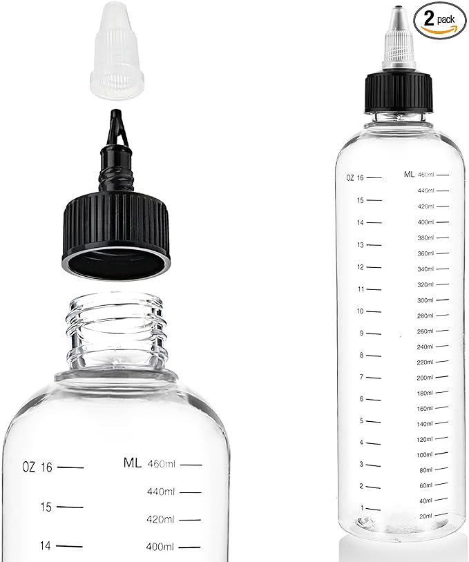 2 Pack Applicator Bottle for Hair 16.9oz Soft Squeeze Empty Oil Dispenser Hair Color Applicator Root Hair Dye PET Plastic Refillable Bottles for Salon Sylist with Graduated Scale and Twist Top
