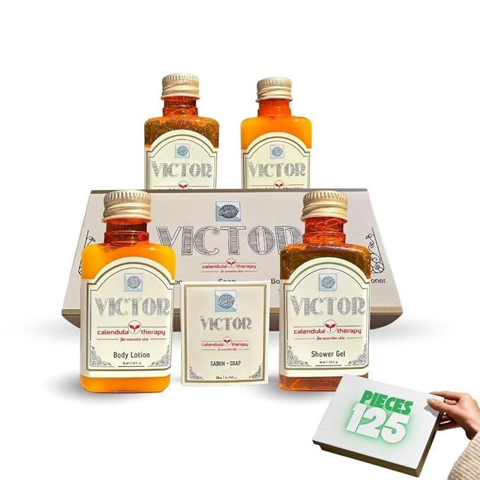 Turkish Bath Set by Roomsium, Victor Box Hotel Amenities Set | Toiletries| Shampoo, Body Lotion, Body Gel, Hair Conditioner, Soap - Bathroom Pack for Hotels,Airbnb (125 Pieces - 25 Individual boxes)
