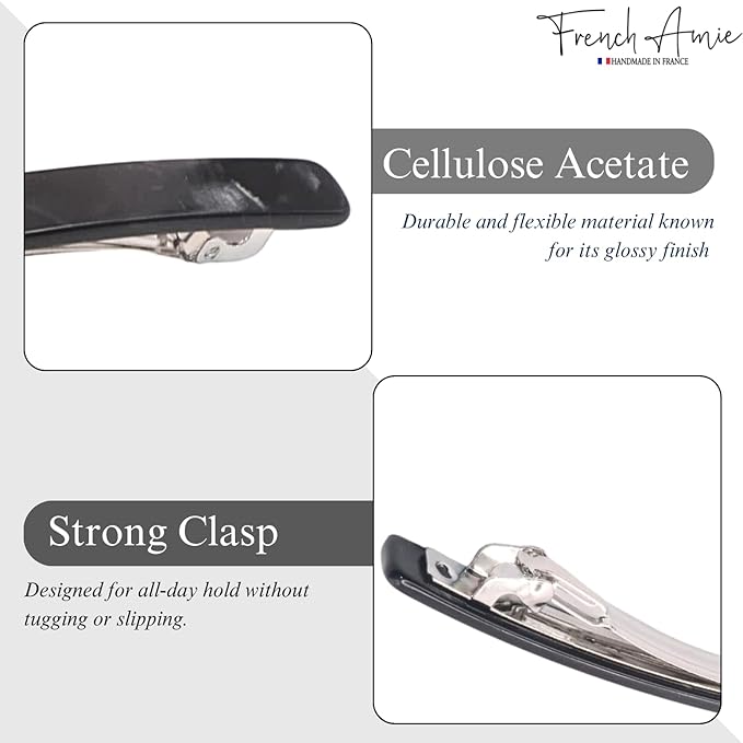French Amie Long and Thin Large 4" Celluloid Handmade No Slip Durable Hair Barrette Clip for Women, Made in France (Black Nycra)