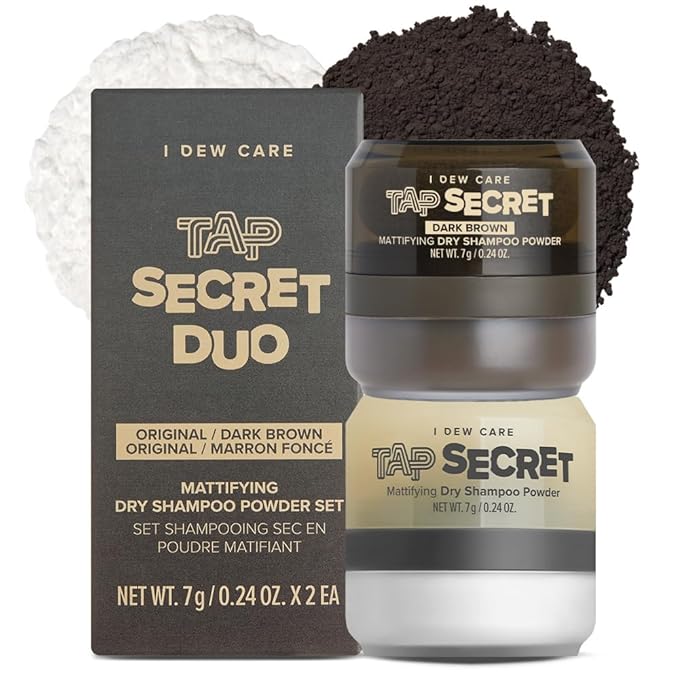 I DEW CARE Biotin Clarifying Dry Shampoo - Tap Secret Dark Original & Dark Brown Duo set | Strengthening & Volumizing, Powder Type, Refillable, Travel size, Brunette, Beauty Gift Sets, 0.29 Oz * 2ea