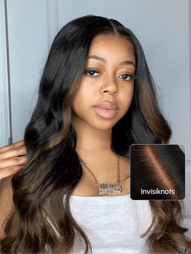 YIROO Bye Bye Knots Glueless Wig Highlight Ombre Chestnut Brown Loose Wave Lace Front Wig Pre Plucked Pre Bleached Pre Cut 7x5 HD Lace Closure Wig Put on and Go Ready to Wear Wig 150% Density 26inch