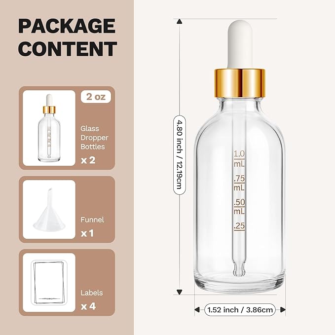 Bumobum 2 Pack, 2 oz Golden Cap Clear Glass Eye Dropper Bottle with Labels and Funnel, Leakproof Tincture Bottle with Measured Dropper for Essential Oils Bottles