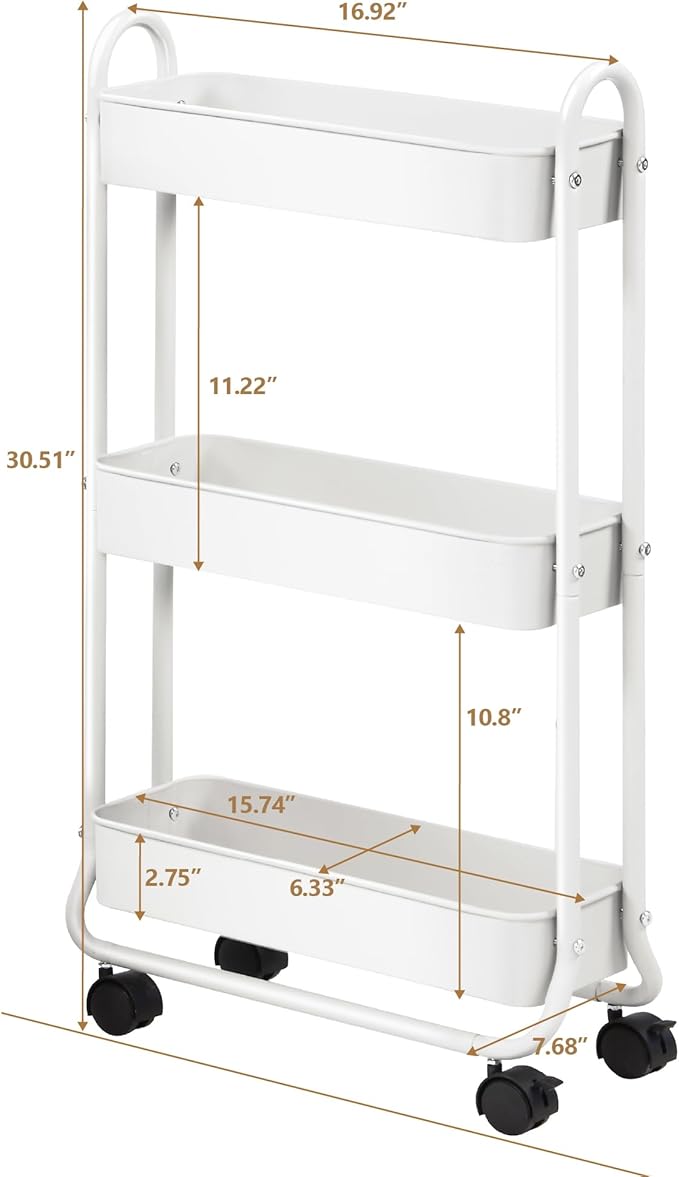 SunnyPoint Slim Rolling Storage Cart, 3 Tier Bathroom Storage Organizer Bathroom, Laundry Utility Cart (White)
