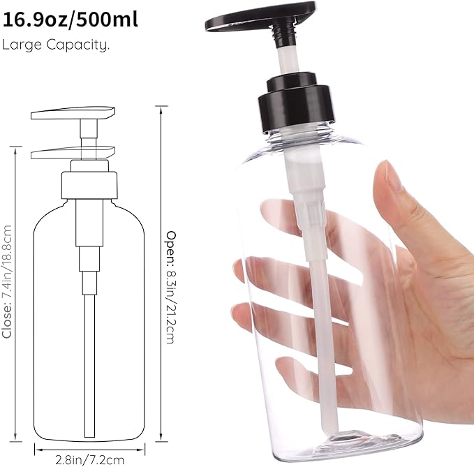 Shampoo Bottles with Labels, Segbeauty 3pcs 16.9oz/500ml Plastic Pump Bottle Dispenser, Empty Refillable Shower Lotion Body Soap Shampoo Conditioner Press Dispenser for Hotel Bathroom Kitchen Clear