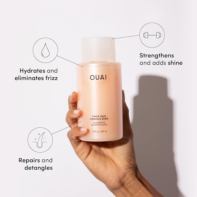 OUAI Thick Shampoo - Moisturizing Shampoo with Keratin, Marshmallow Root, Shea Butter, Avocado Oil for Thick Hair - Strengthens & Hydrates Strands - Paraben, Phthalate & Sulfate Free (10 Fl Oz)