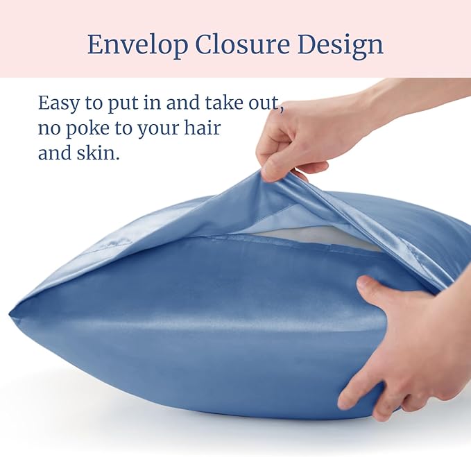 BEDELITE Satin Pillowcase for Hair and Skin, Super Soft and Cooling Similar to Silk Pillow Cases 2 Pack with Envelope Closure, Gift for Women Men(20"x40" King Size, Airy Blue)