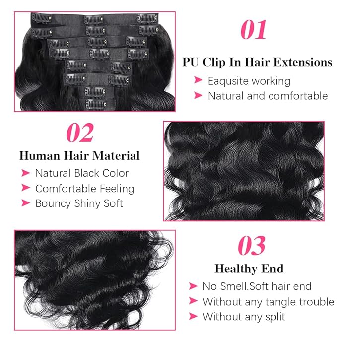 Seamless Body Wave PU Clip In Hair Extensions Real Human Hair Invisible PU Weft Clip Ins 100% Unprocessed Human Hair Extensions 8pcs with 18Clips Per Set 120g(26inch,Natural Black)