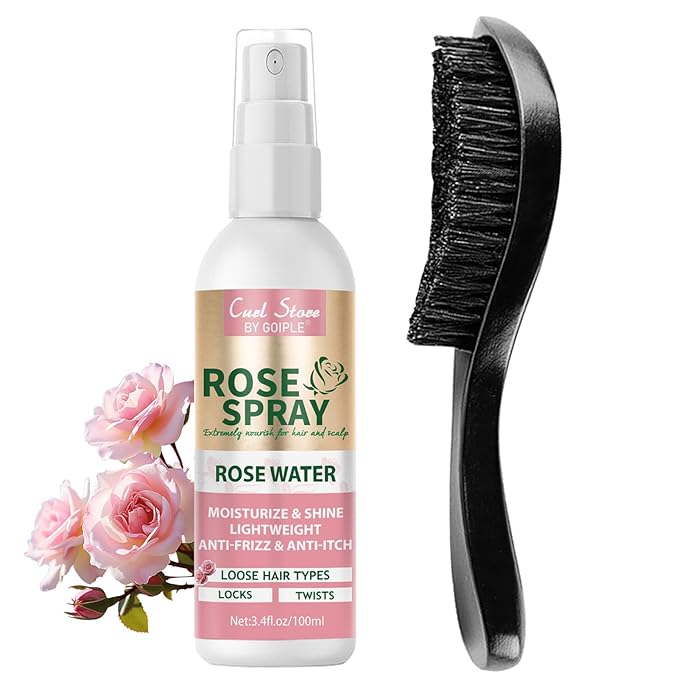 Rose Water Spray Scalp Moisturize Rose Water for Hair Refreshing- Rose Mist for Braid, Locs, Twist, Dreadlock, Rose Spray Medium Bristles for Thick Coarse Detangling Smoothing Wave Styles Set 3.4 floz