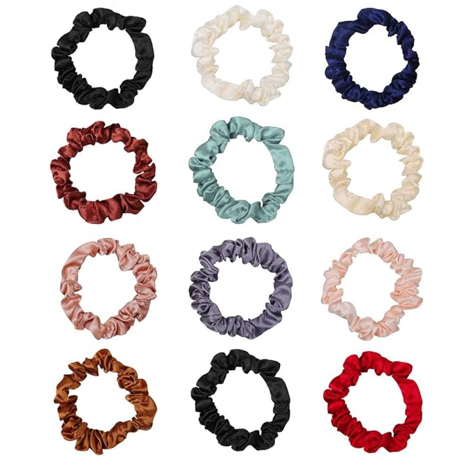 12Pcs Satin Elastic Hair Accessories - Comfortable Silk Scrunchies, Skinny Ties for Wedding, Teen Girl Trendy Gifts