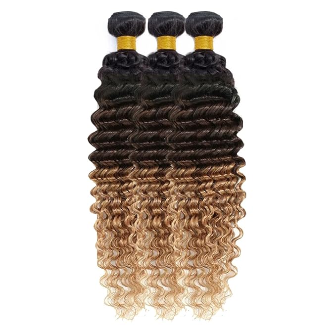 T1B427 Human Hair Bundles Ombre Blonde Deep Wave Bundles Niegmeag Virgin Remy Hair 3 Bundles 22 24 26 Inch Double Weft 3 Tone Brown and Honey Blonde Bundle