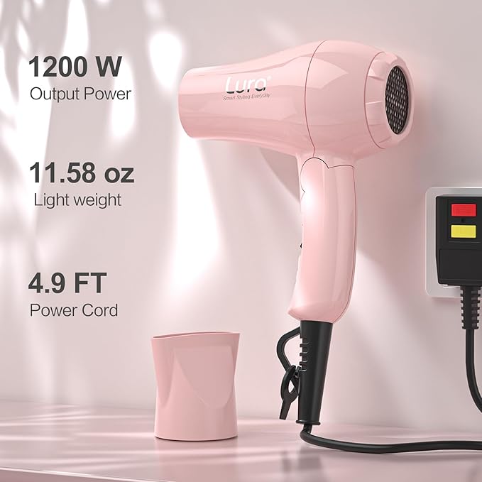 Foldable Travel Hair Dreyr Mini:Dual Voltage Lightweight Blow Dryer with Pouch,1200w Compact Pink Small Hair Dryer for Acrylic Paint Pouring(Light Pink)