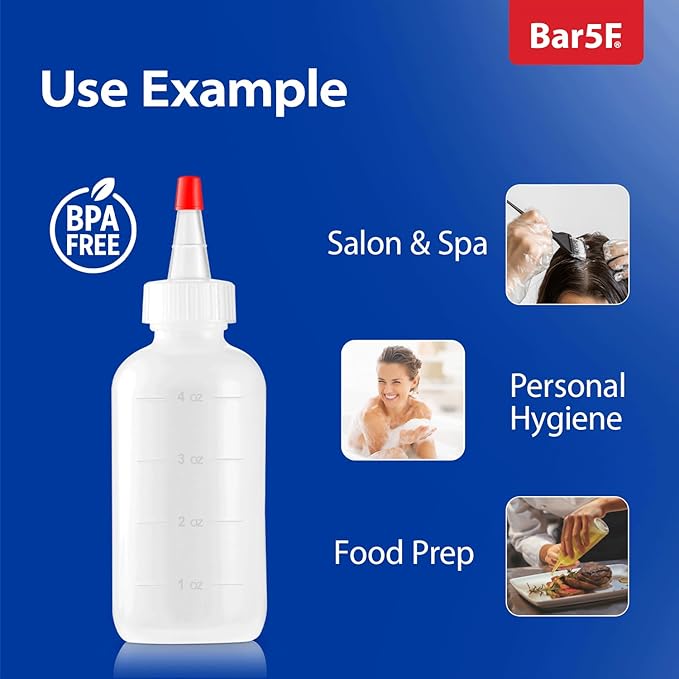 Bar5F 10-Pack Soft Squeeze Hair Applicator Bottle for Hair Treatment, Scalp Oil, Root, Color, 4 Ounce Translucent with Measuring Scale and Cap, BPA Free | Set of Bulk