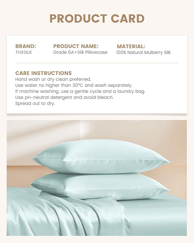 THXSILK 100% Mulberry Silk Pillowcase for Hair and Skin, Grade 6A+ Mulberry Silk Pillow Case Soft and Breathable, Hypoallergenic Pillow Case Cover with Zipper, 1pc (Queen 20"x30", Light Blue)