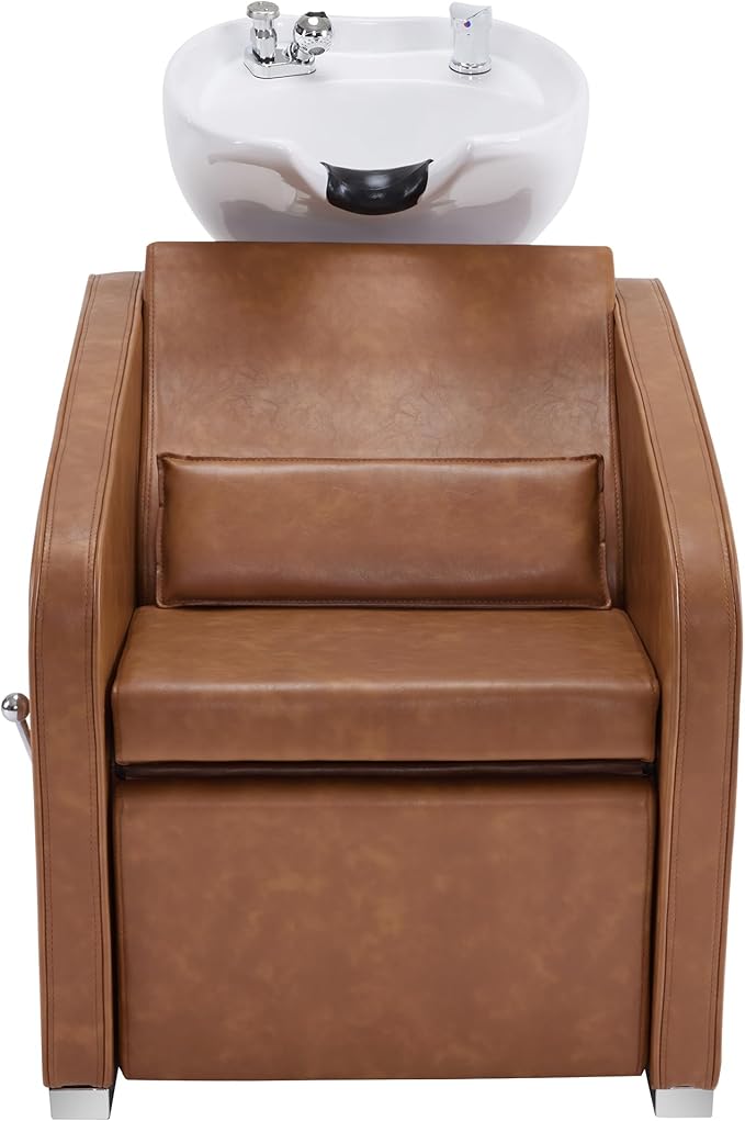 BarberPub Backwash Shampoo Station Chair, Adjustable Porcelain Ceramic Hair Wash Bowl Sink Unit Station, Reclining Shampoo Station Chair for Spa Beauty Salon Hair Salon Equipment 9303 (Brown)
