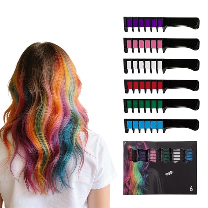 Festive Fun Hair Chalk Combs, Temporary Hair Dye Chalk Comb, Instant Hair Color Comb Washable Quick Dry Vibrant Temporary Color for All Ages for Birthday Party, Christmas Gifts (6 Colors) (6pcs)