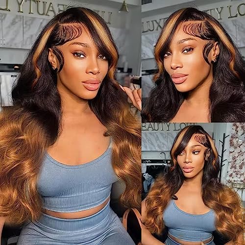 13x6 Lace Front Wigs Human Hair Pre Plucked Body Wave 13x6 1B/30 Ombre Transparent Lace Frontal Wigs With Baby Hairs Glueless Wigs Brown Highlight Balayage Wigs Human Hair Wigs For Women 24 Inch