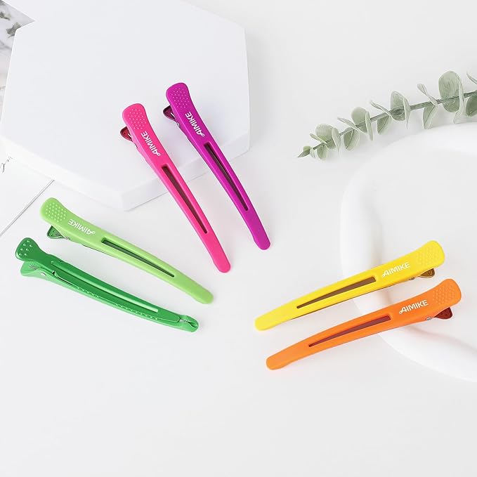 AIMIKE Hair Styling Accessories - 6pcs No-Crease Duck Bill Clips with Silicone Band for Sectioning, Roller, Cutting and Salon Use in Neon Colors