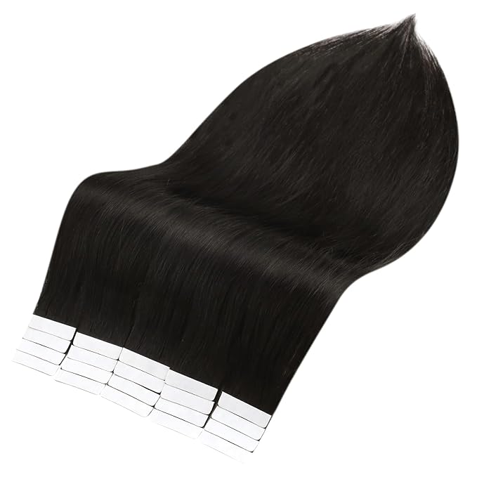 Full Shine Invisible Tape in Hair Extensions Human Hair 12Inch Skin Weft Human Hair Extensions Color 1B Black Natural Straight Remy 20Pcs 30G Double Sided Tape in Extensions Tape ins Soft Add Volume