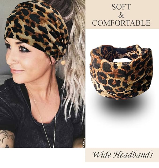 Wide Boho Headbands for Women Fashion Knotted Headband Yoga Workout Hair Accessories African Head Wrap 4 Pack