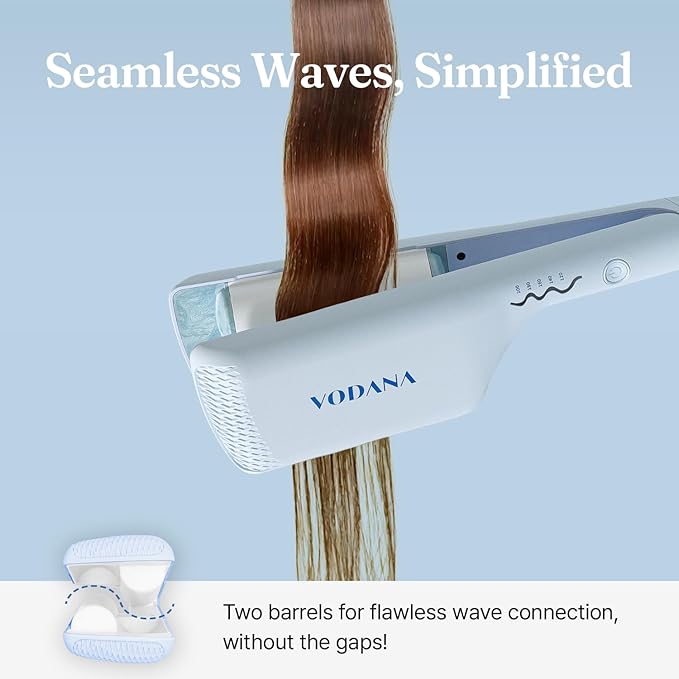 VODANA Professional Triple Flow Ceramic Hair Waver - Easy Beach Waves with Embedded Double Barrel Wave Iron. Experience Instant Heat, Long-Lasting Performance, and Quick Heat (1.6 inch, Creamy Blue)