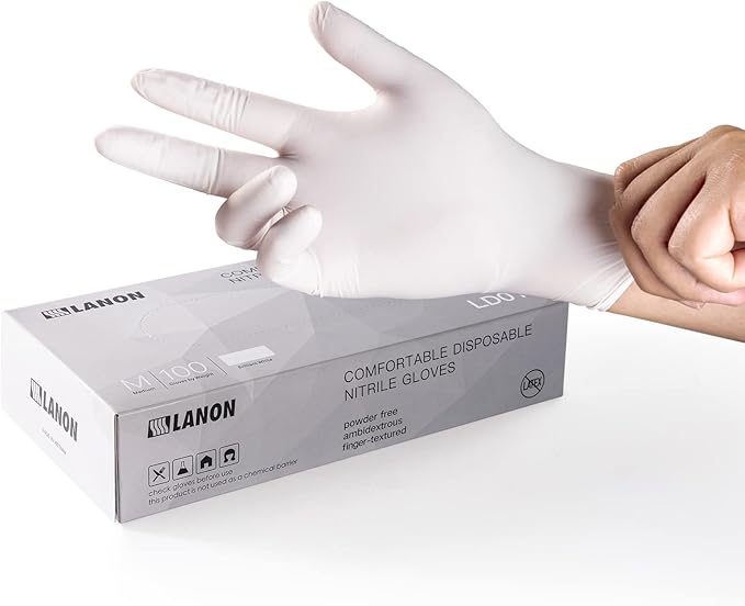 LANON Food Safe White Disposable Nitrile Gloves, Latex-Free, Powder-Free, Textured Fingertips, Cooking, Cleaning, Medium
