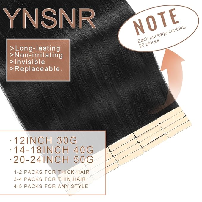 Tape in Hair Extensions Human Hair, Hair Extensions 18 Inch 20pcs Jet Black Remy Straight Human Hair Tape in Extensions Skin Weft Tape Extensions Human Hair