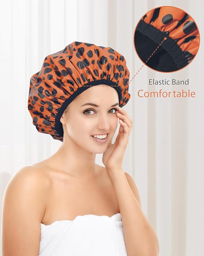 Auban Shower Cap, Shower Cap for Women Terry Cloth Lined EVA Exterior Reusable Double Layer Waterproof, Large Bath Hair Cap for All Hair Lengths, Hotel Travel Essentials Accessories Deep Conditioning