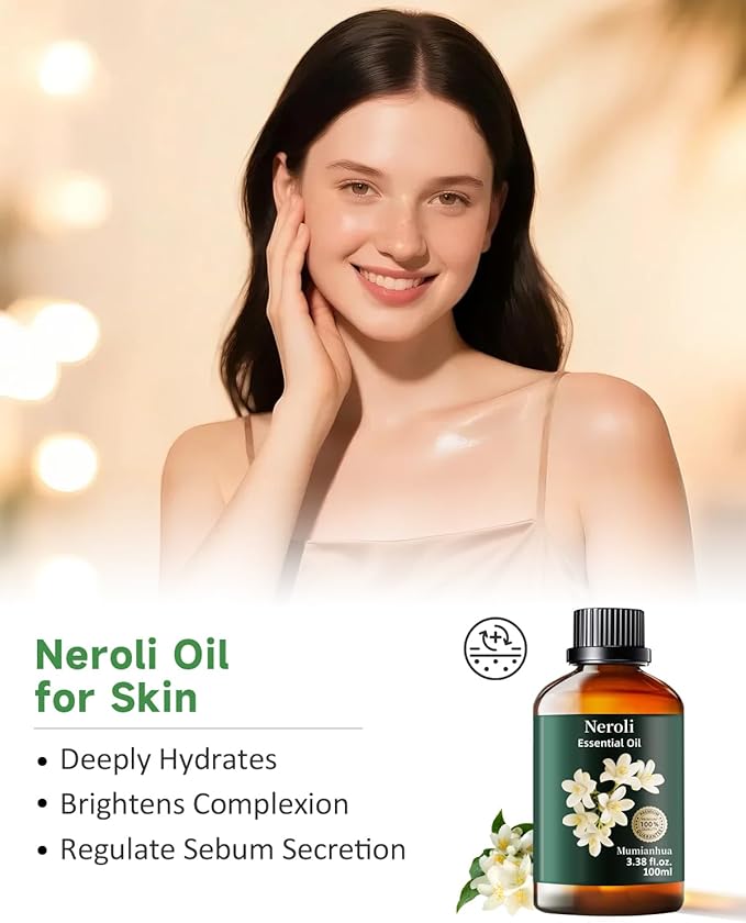 Mumianhua Neroli Essential Oil 100% Pure- Therapeutic Grade Orange Blossom Oil for Cleaning Sprays, Home Perfume & Women's Cologne | Citrus Floral for Diffuser, Candle & Soap Making 3.38 Fl Oz