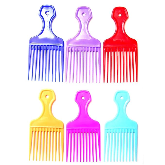 (6 Pack) 6" Plastic Afro Pik Lift Hair Comb Detangle Wig Braid Hair Man Styling Comb (Assort)