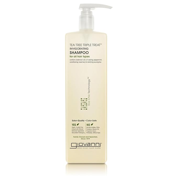 GIOVANNI Tea Tree Triple Treat Invigorating Shampoo - Cooling Peppermint, Eucalyptus & Rosemary, Helps Strengthen & Rejuvenate Hair & Scalp, Salon Quality, Paraben Free, Tea Tree Shampoo - 24 oz