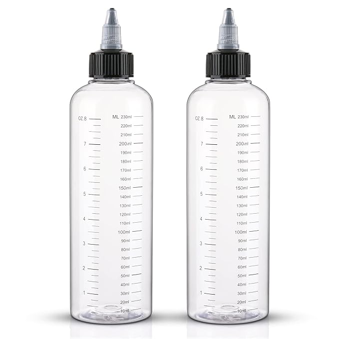 Cosywell Applicator Bottle for Hair Dye 8.5oz 2 Pack With Graduated Scale, Twist-On Top Tip Cap, Empty Plastic Color Oil Squeeze Bottles