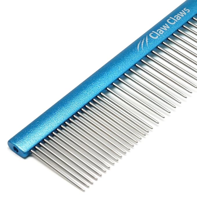 Greyhound Comb with Oval Handle for Dogs and Cats, Removing and Shedding Matted, Tangled Hair, Metal Comb with Stainless Steel Pins, Detangling Grooming Tool (9.8" Blue-20% fine pins)
