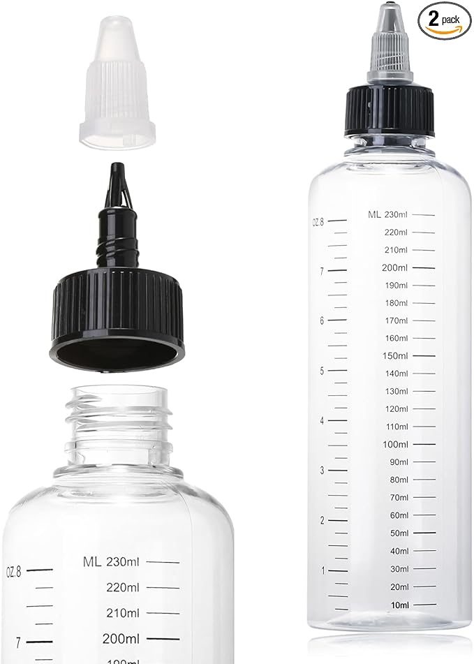 2Pcs Applicator Bottle for Hair, 8.5oz Twist Top Squeeze Oil bottles, Plastic Hair Color Bottle Dispenser Container for Scalp Root Dye Container with Clear Graduated Scale